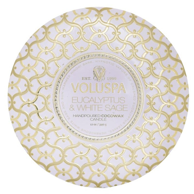 Voluspa 3 Wick Decorative Tin Candle - Eucalyptus &amp; White Sage 340g